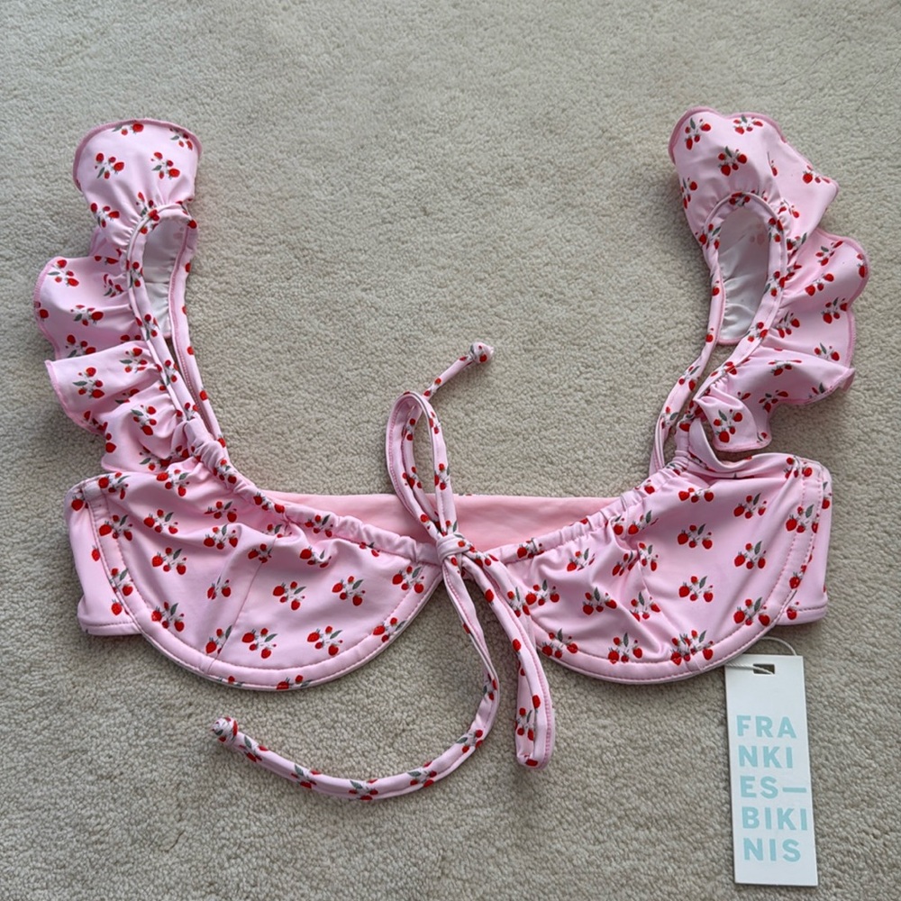 Pastel pink cherry print bikini top with flutter shoulder straps and underwire.